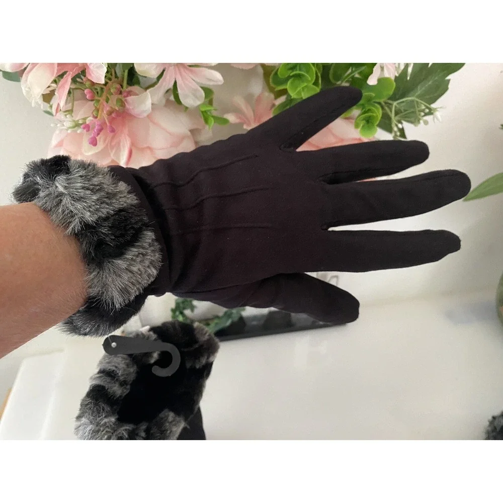 Vintage XS Women's Faux Fur Trim Gloves Winter Warm Black Gray Animal Print New